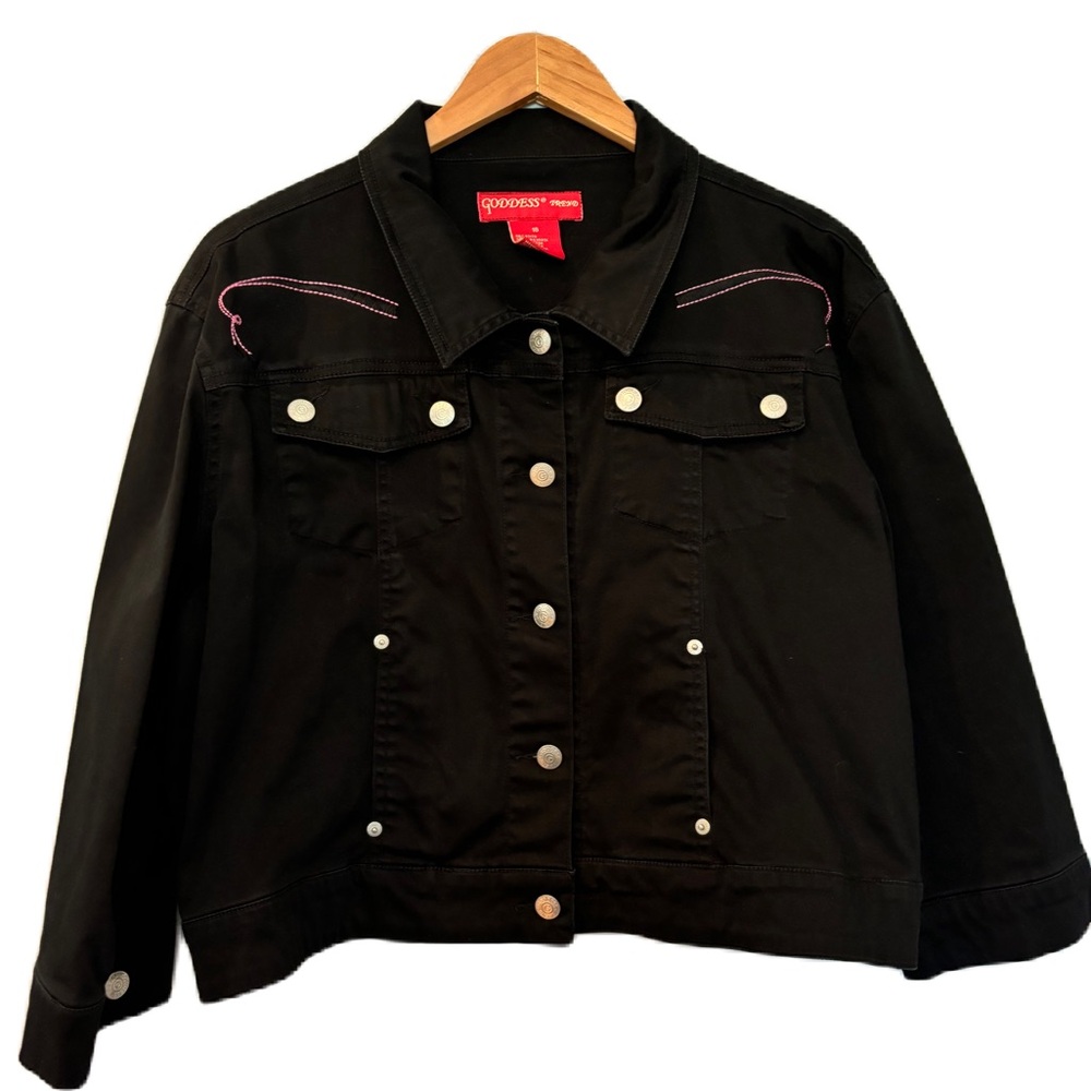 Goddess Trend Black Cotton Denim Style Jacket With Pink Embroidery Size 18